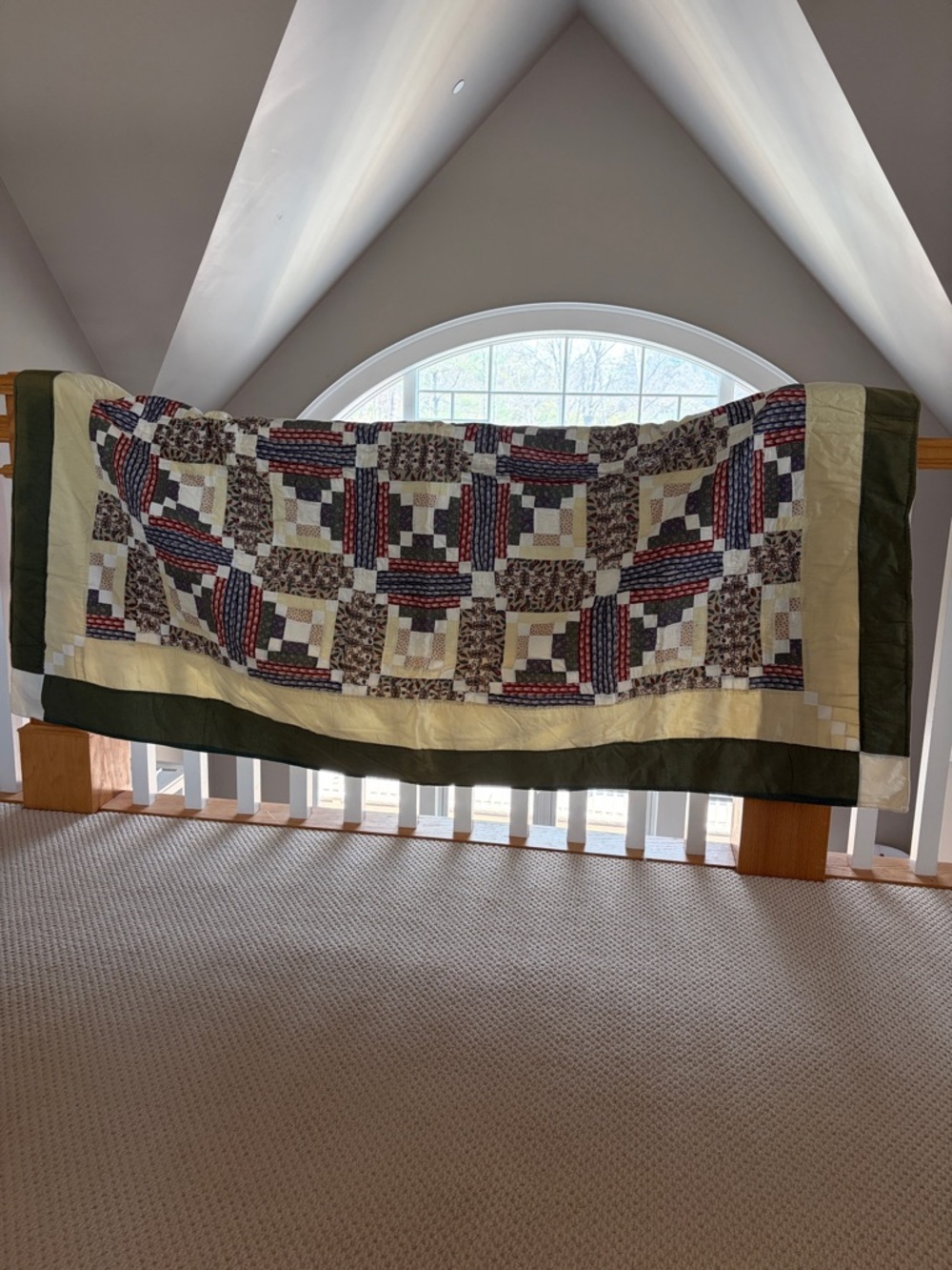 Antique Vintage Handcrafted Patchwork Quilt in Green, Cream, Red and Blue